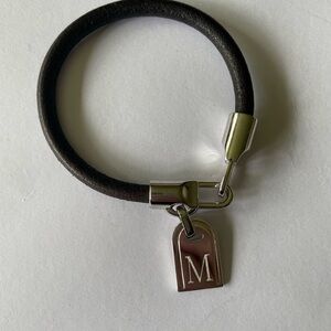 Silver Initial Tag Leather Bracelet by Bronzo Italia Letter M